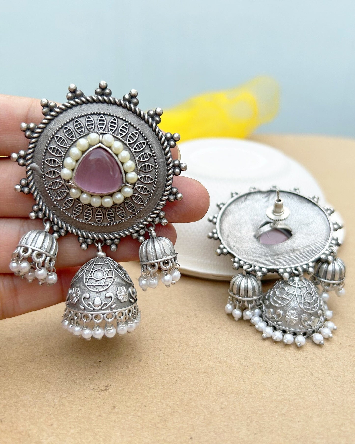 Pink Geomatric 3 Jhumkas Earring