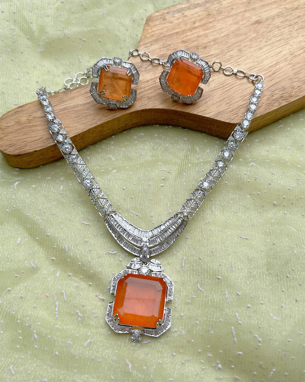Silver Orange American Diamond Necklace Set
