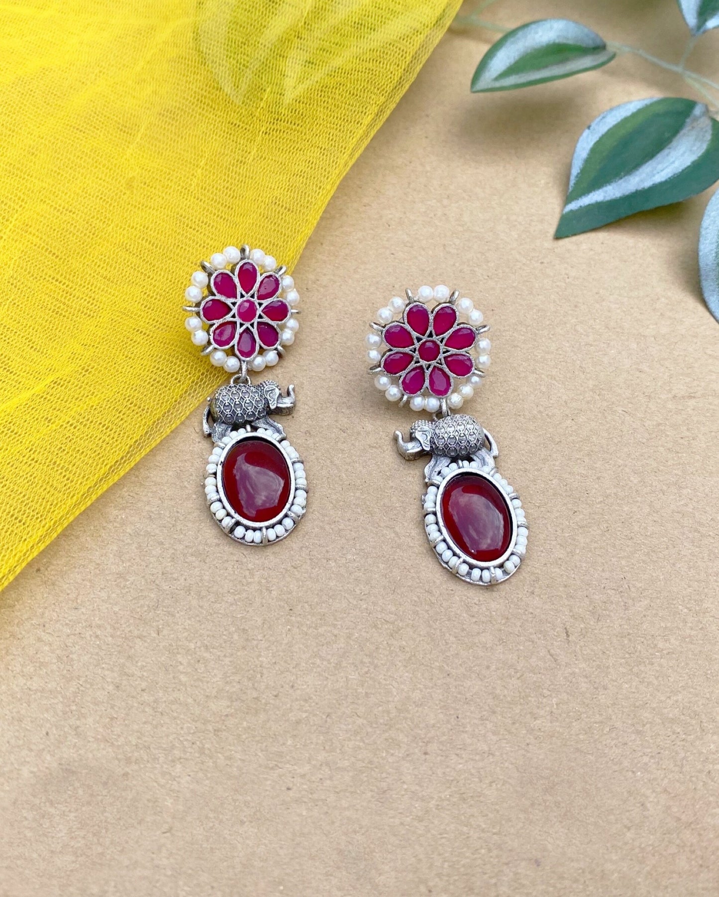 Red & Pink Elephant Engraved Earring