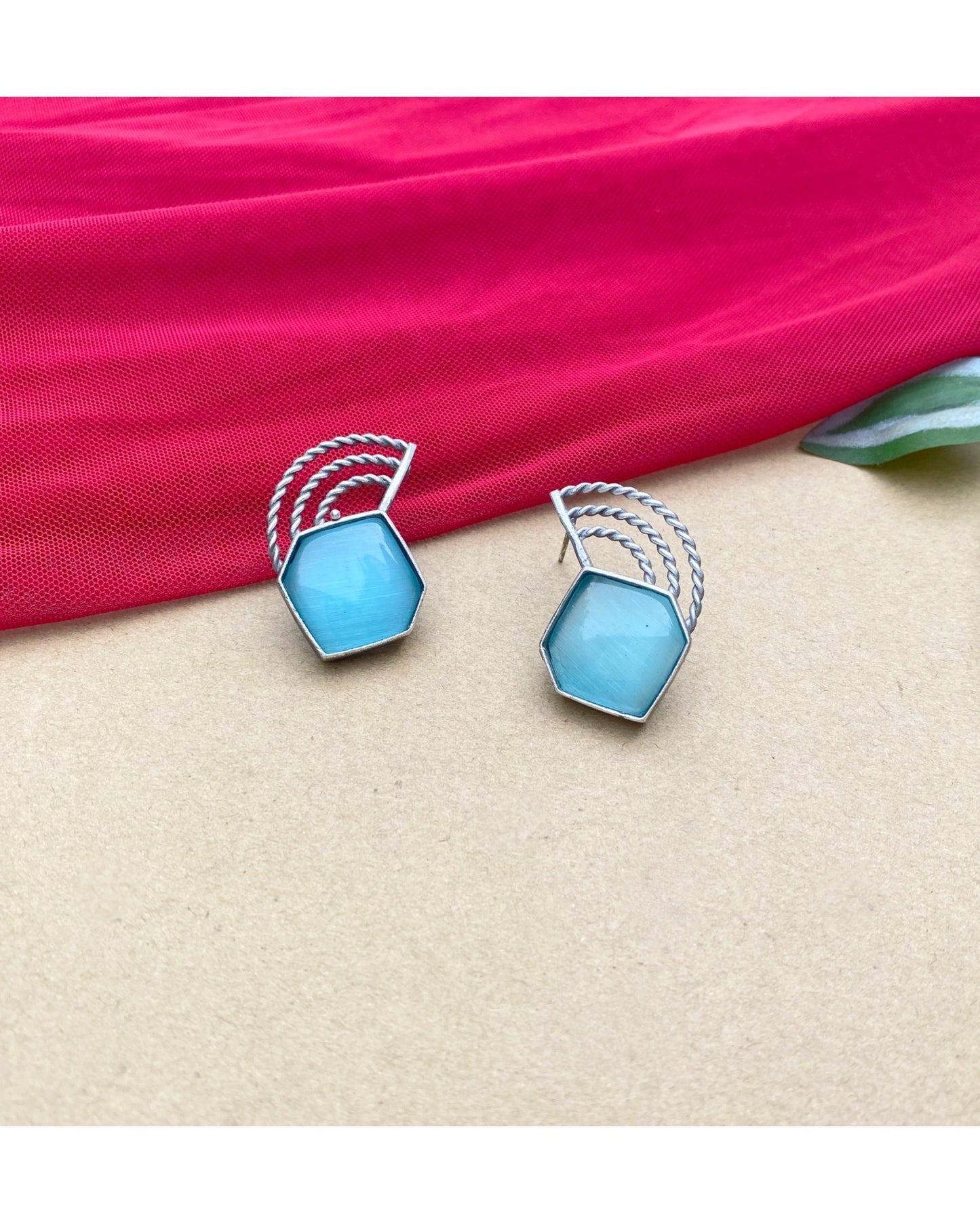 Mint Blue Amber Brass Studs