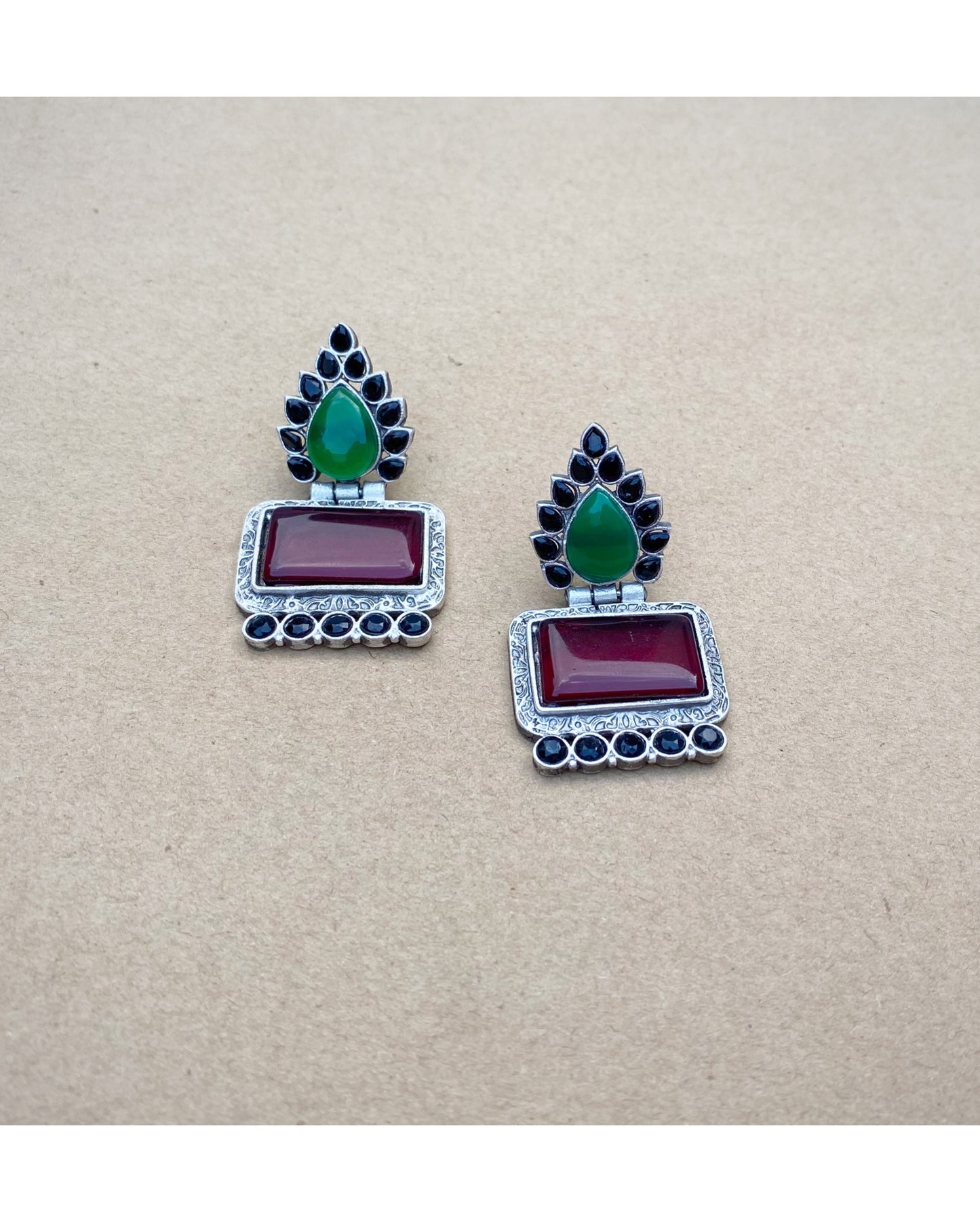 Dark Red & Green Ardent Brass Earring