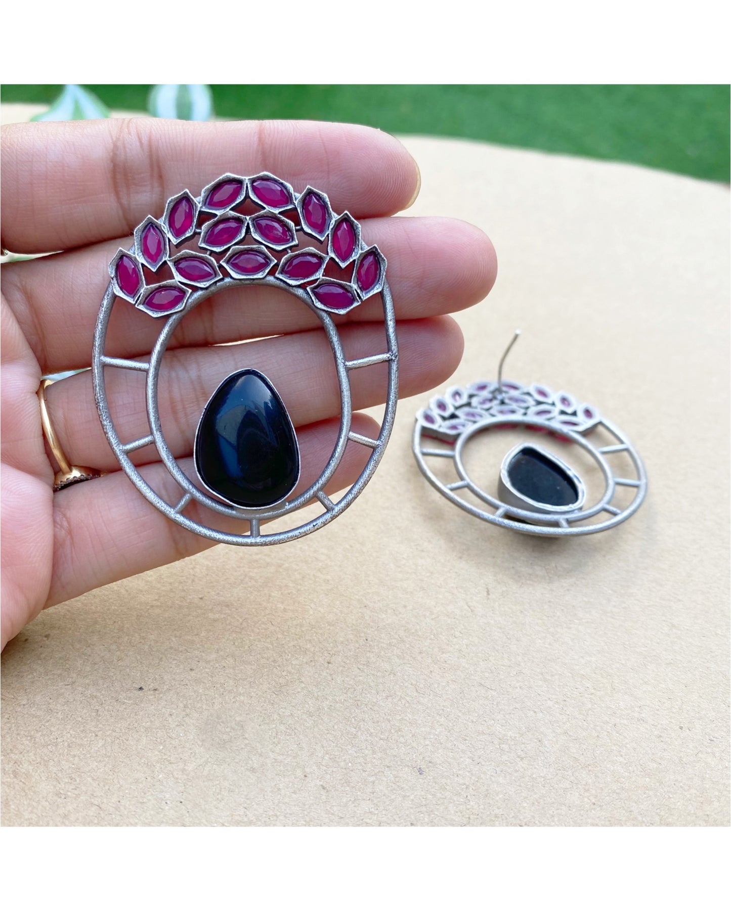 Black & Pink Oval Shaped Big Studs