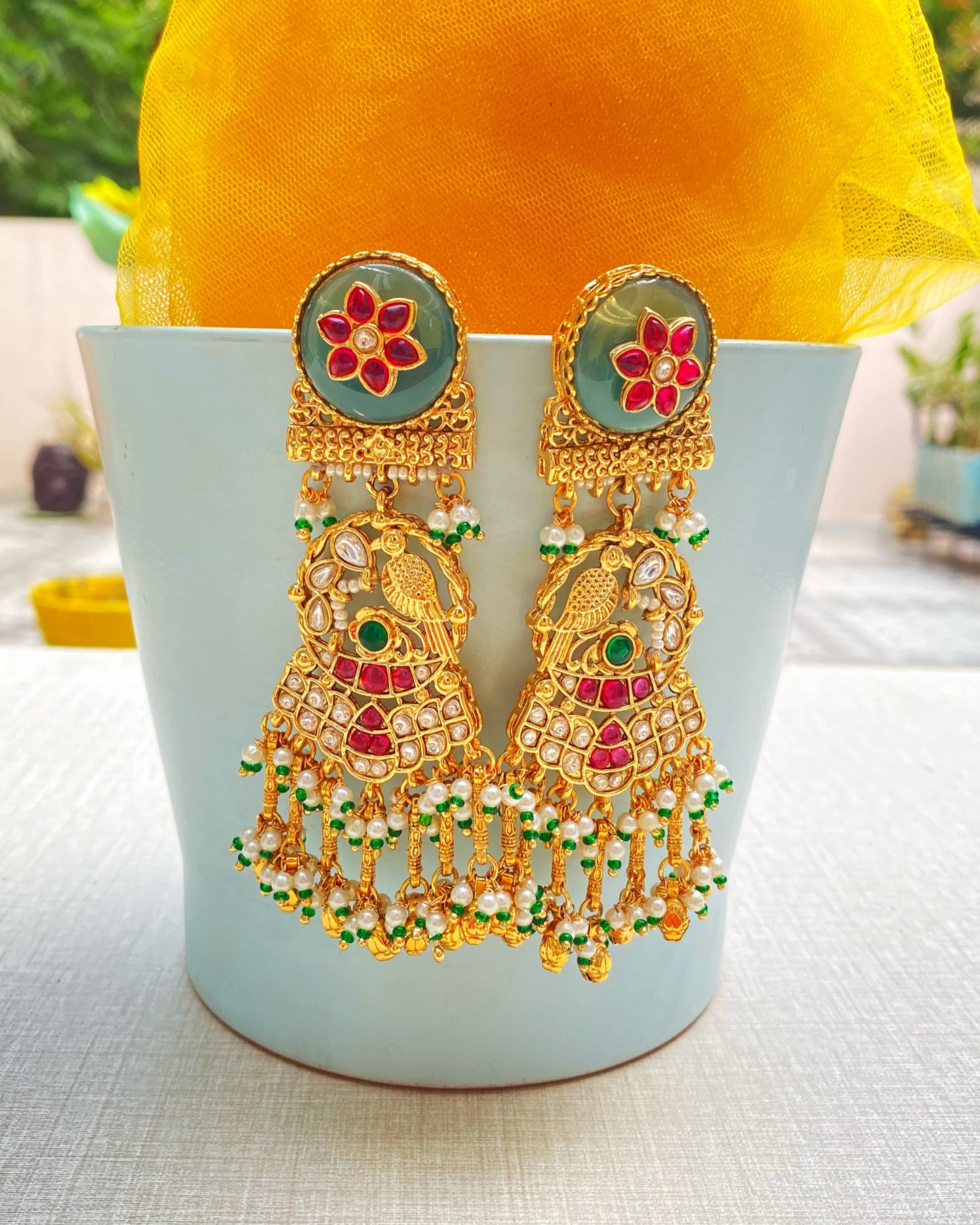Multi Color Peacock Engraved Earring