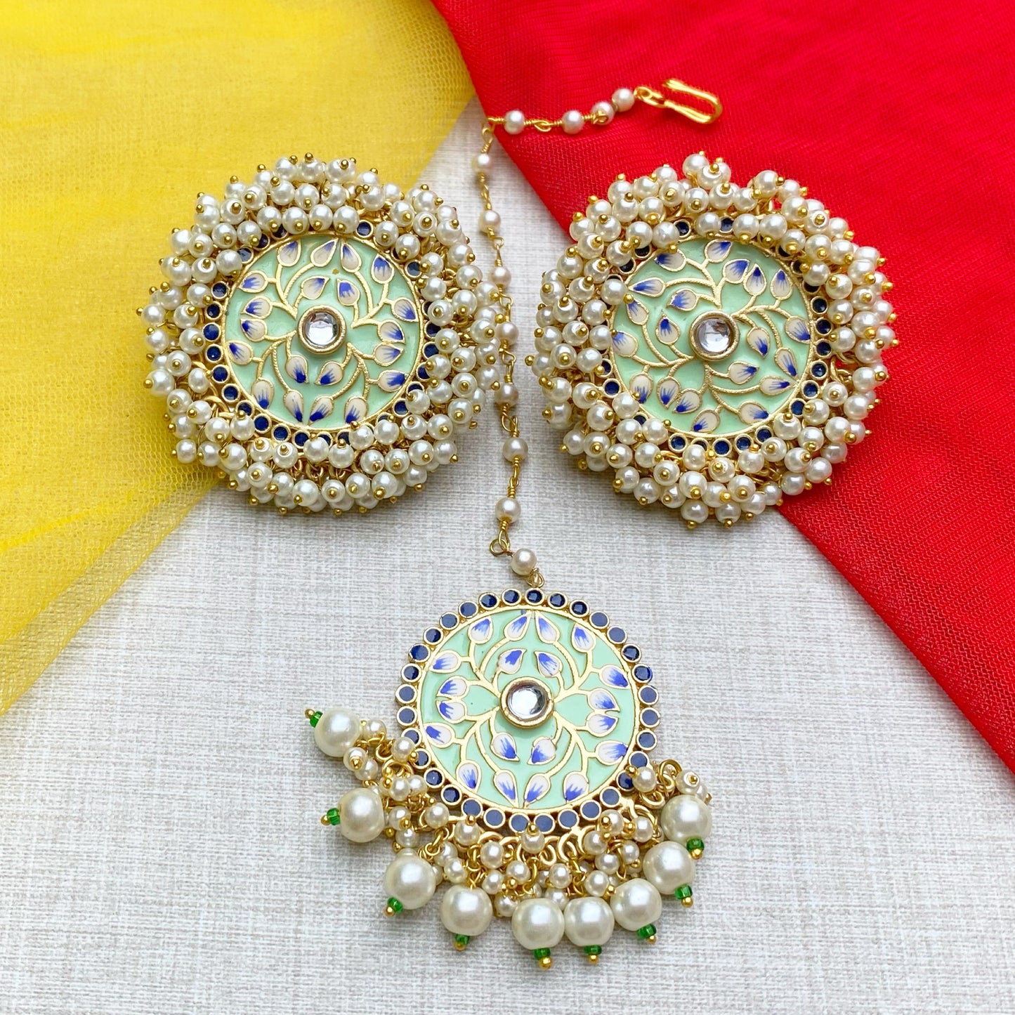 Mint Green Meenakari Big studs Earring With Maang Tika