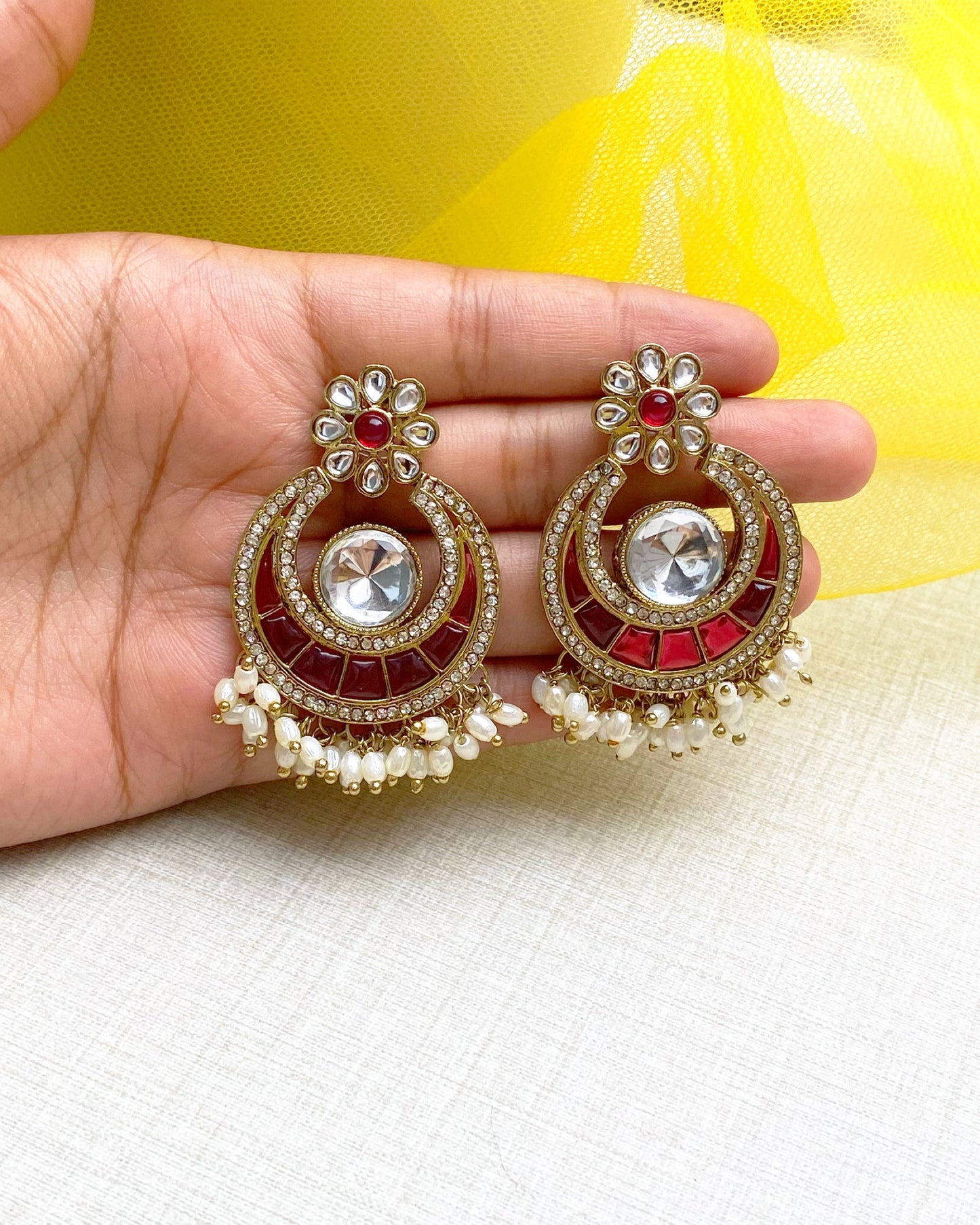 Magenta Pink Pearl-Cluster Chandbali Earring