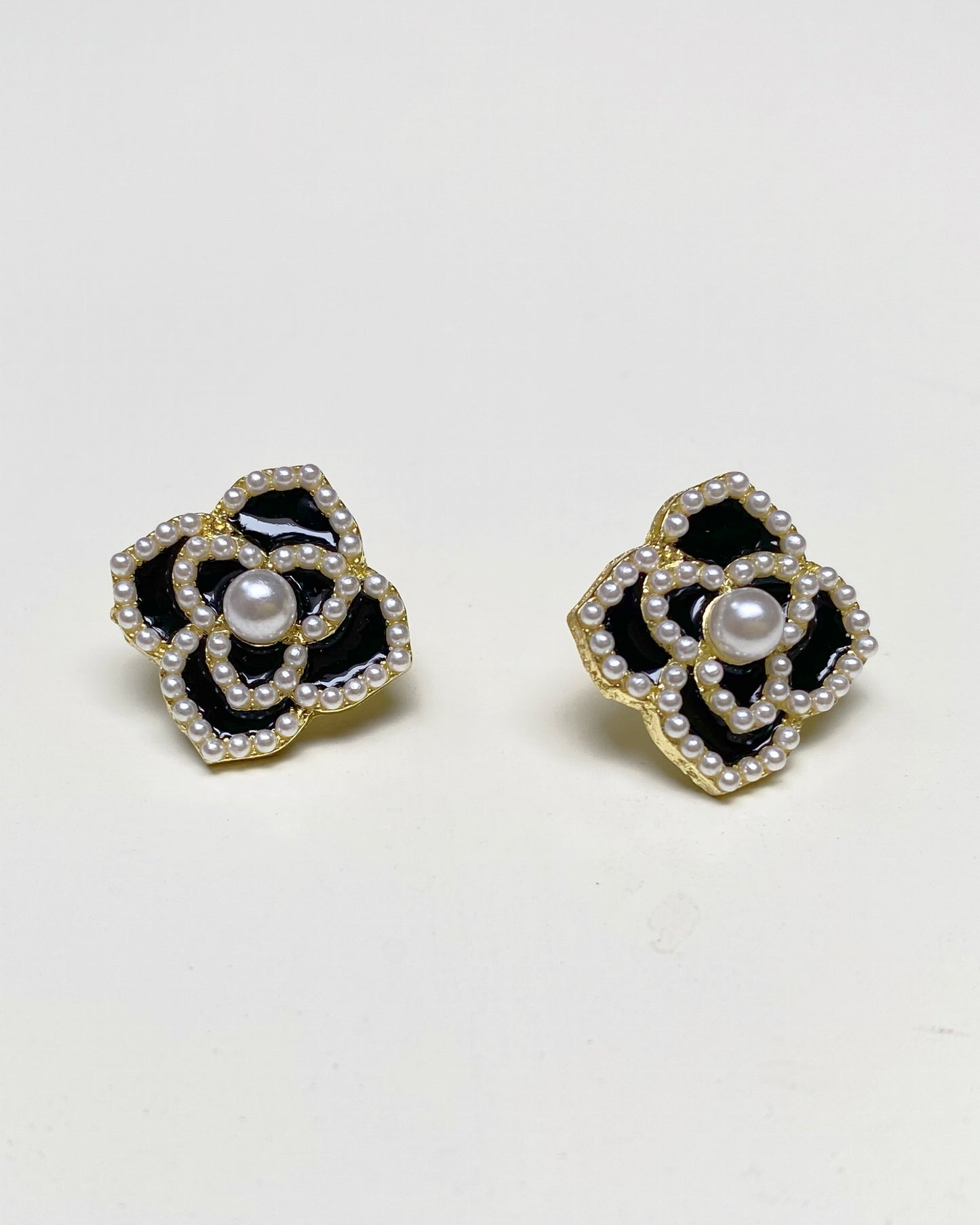 Black Enamel & Pearl Floral Studs
