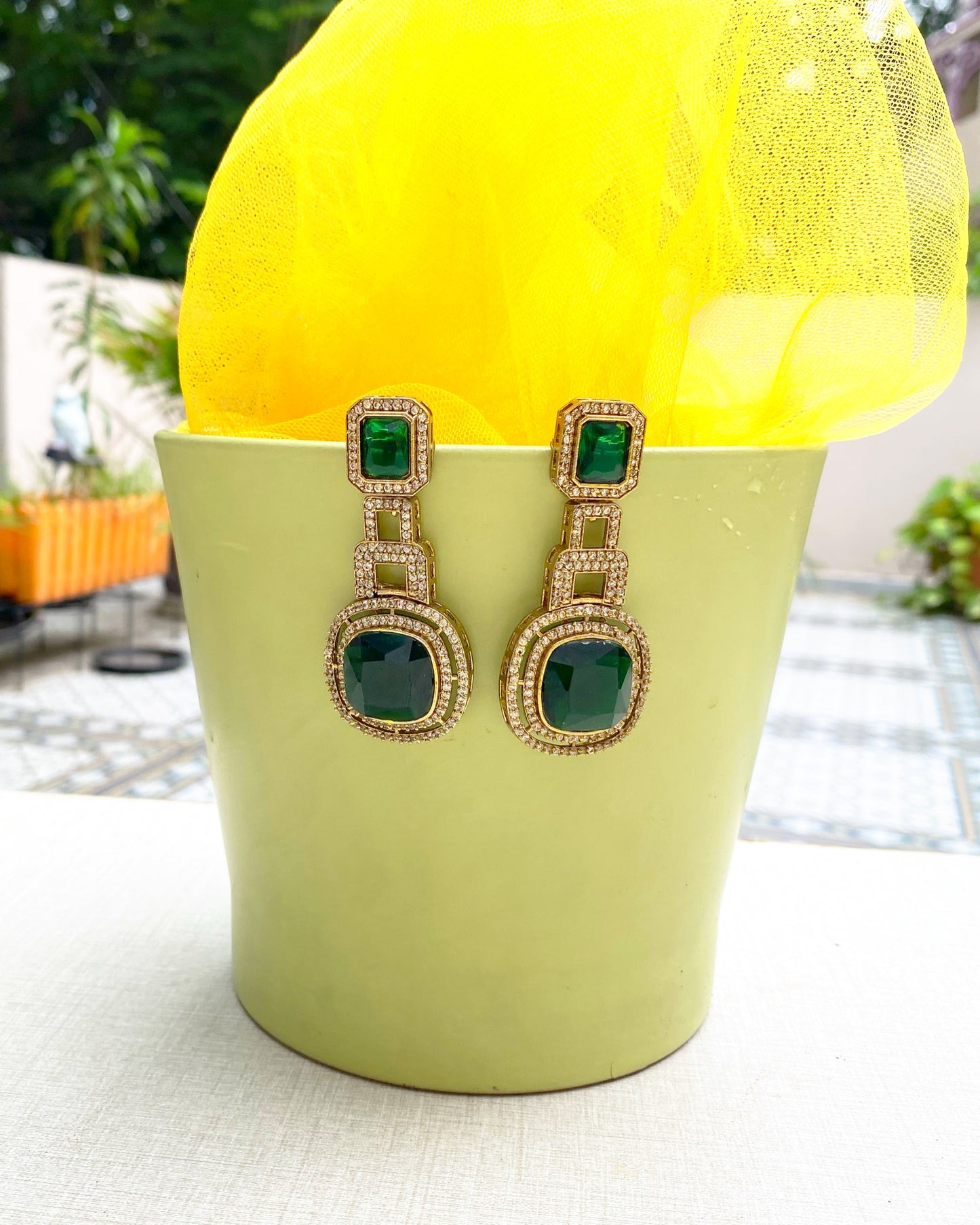Emerald Green Halo Drop Earrings