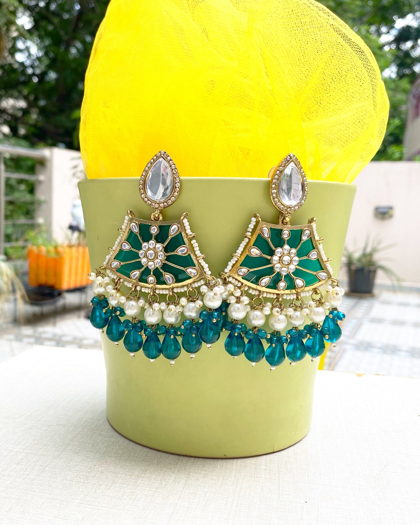 Teal Green Kundan & Pearl Earring