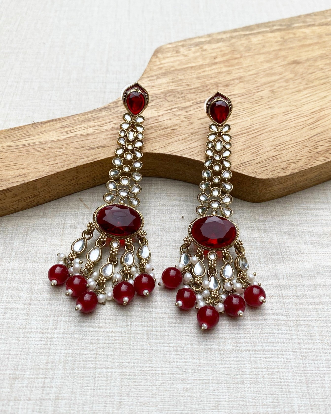 Deep Red Kundan Pearl Drop Earrings