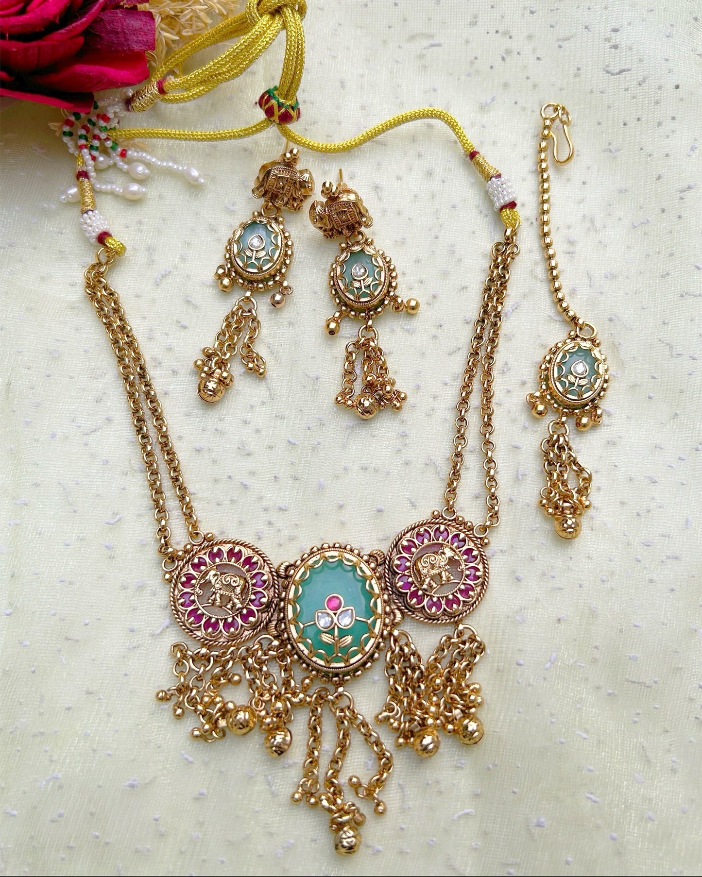 Mint Green Elephant Engraved Necklace Set with Maang Tikka