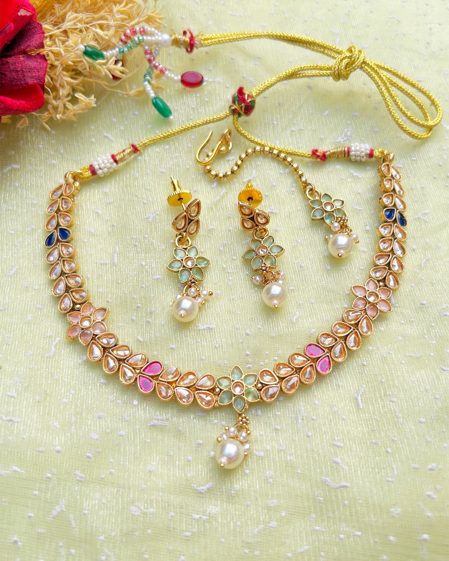 Multicolor Floral Necklace Set with Maang Tikka