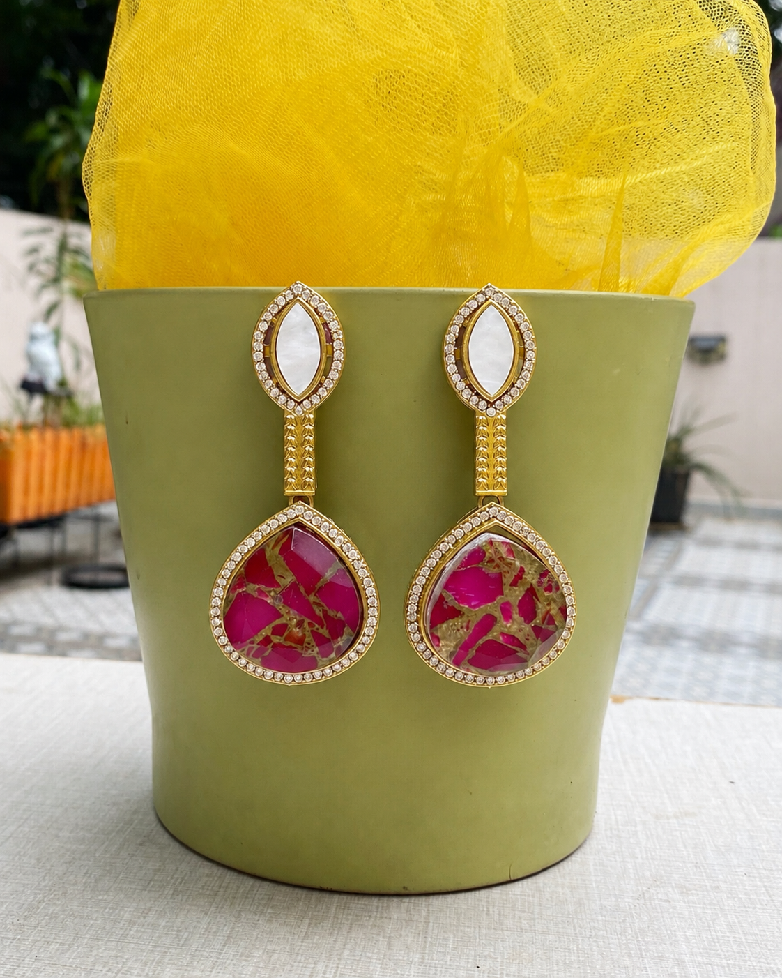 Magenta Pink Composite Stone Drop Earrings