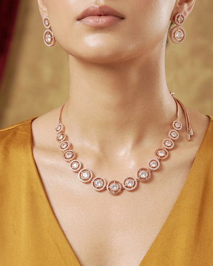 Rose Gold Halo CZ Necklace Set