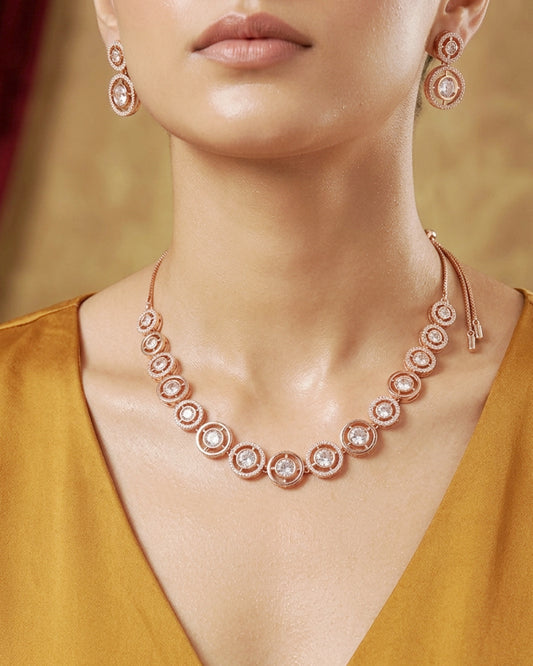 Rose Gold Halo CZ Necklace Set