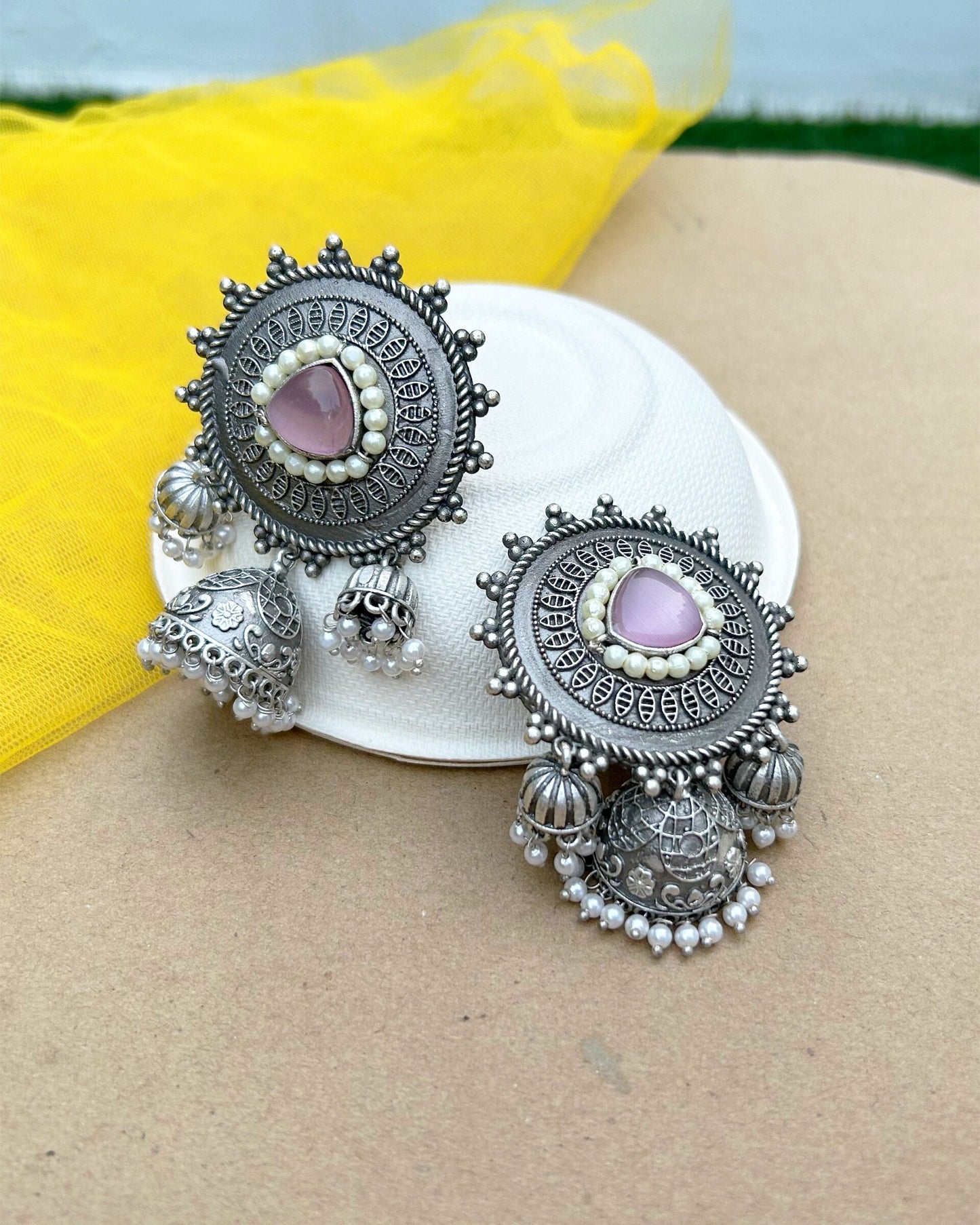 Pink Geomatric 3 Jhumkas Earring