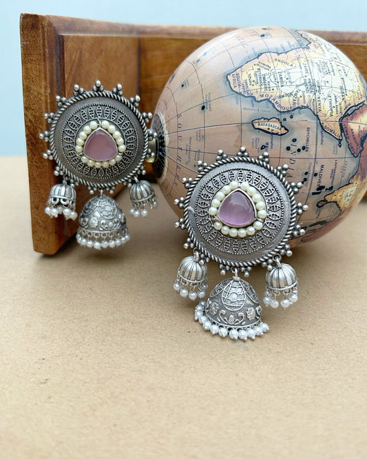 Pink Geomatric 3 Jhumkas Earring