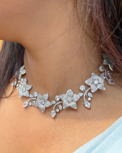 Silver-Toned Floral American Diamond Necklace Set