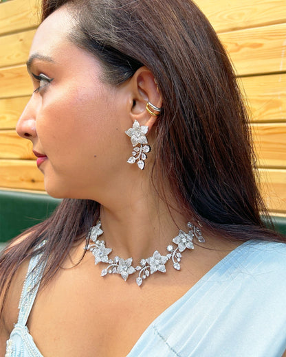 Silver-Toned Floral American Diamond Necklace Set