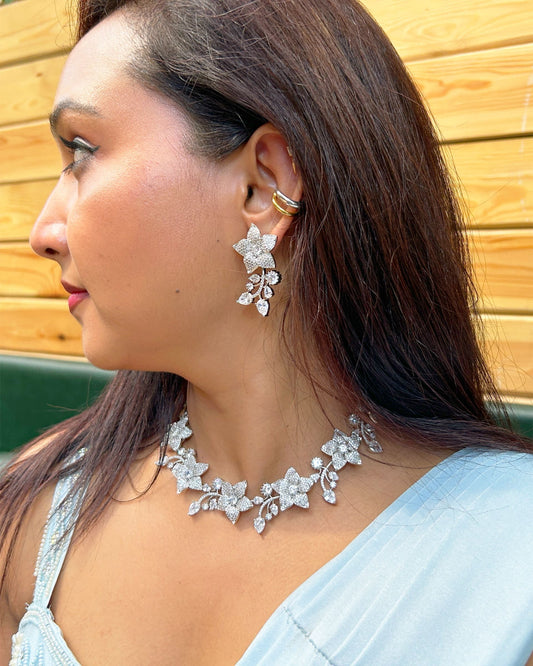 Silver-Toned Floral American Diamond Necklace Set
