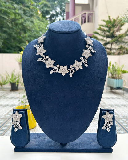 Silver-Toned Floral American Diamond Necklace Set