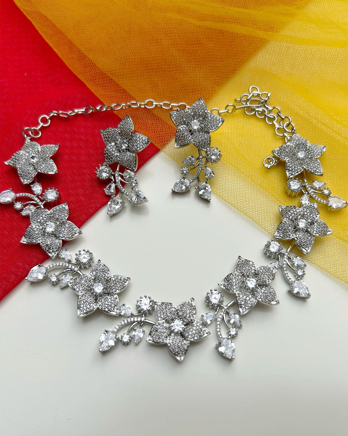 Silver-Toned Floral American Diamond Necklace Set