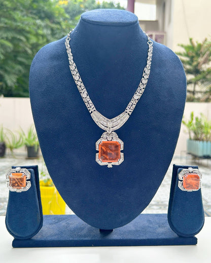 Silver Orange American Diamond Necklace Set