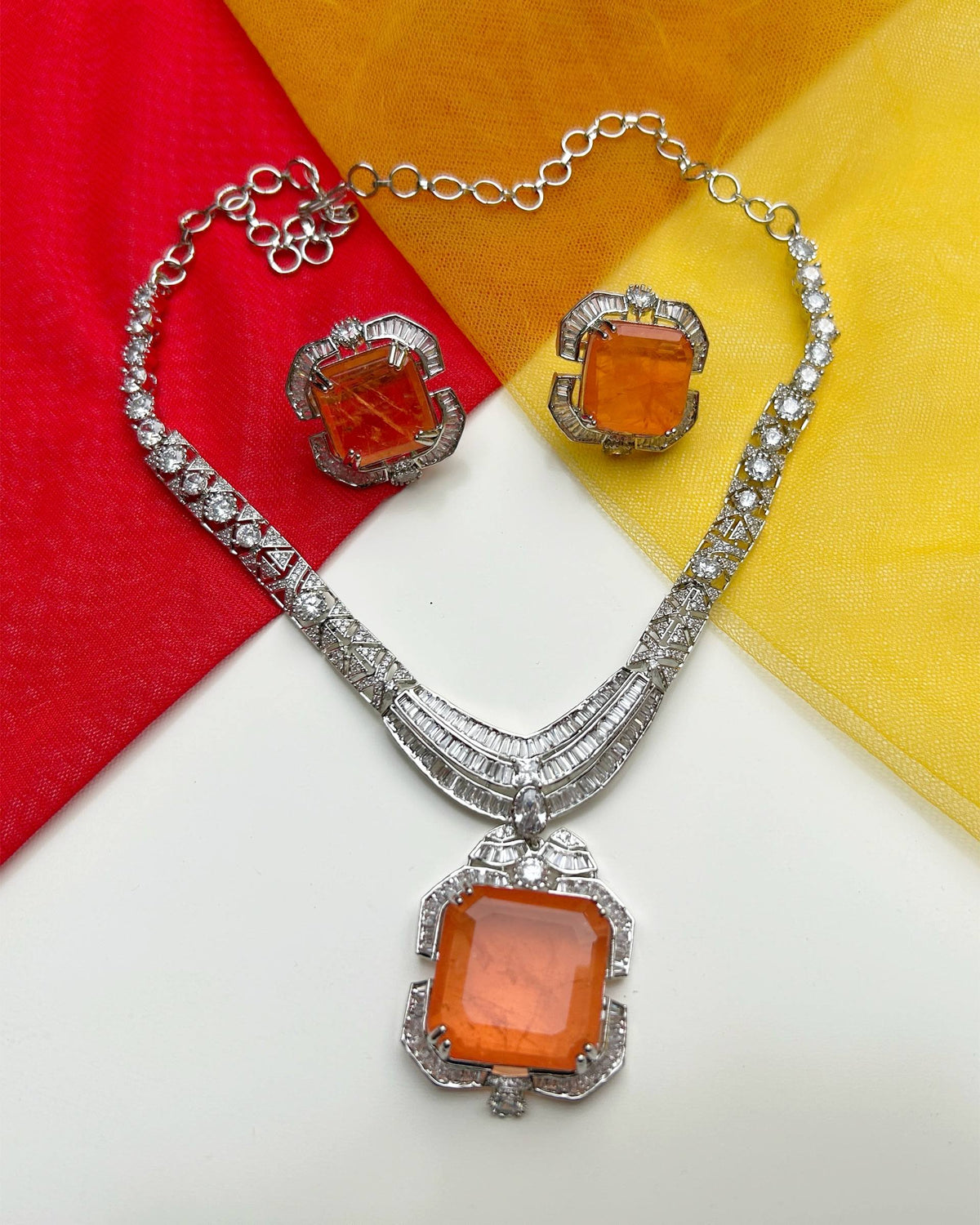 Silver Orange American Diamond Necklace Set