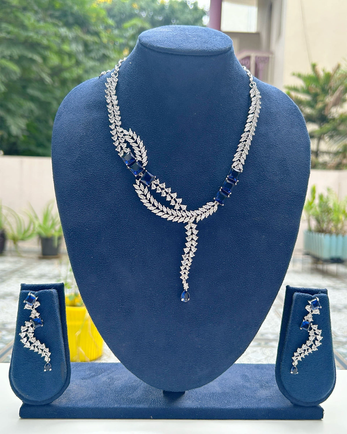 Rhodium-Plated American Diamond Blue Stone Necklace Set