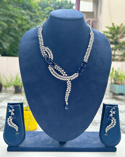 Rhodium-Plated American Diamond Blue Stone Necklace Set