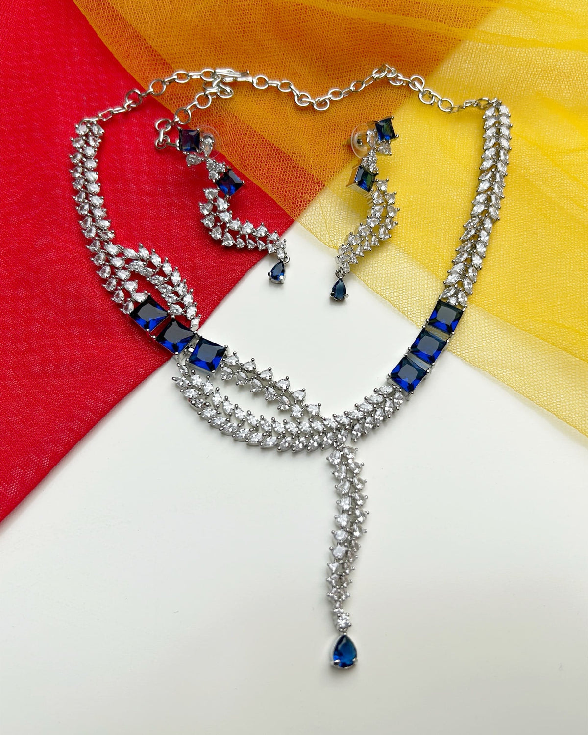 Rhodium-Plated American Diamond Blue Stone Necklace Set