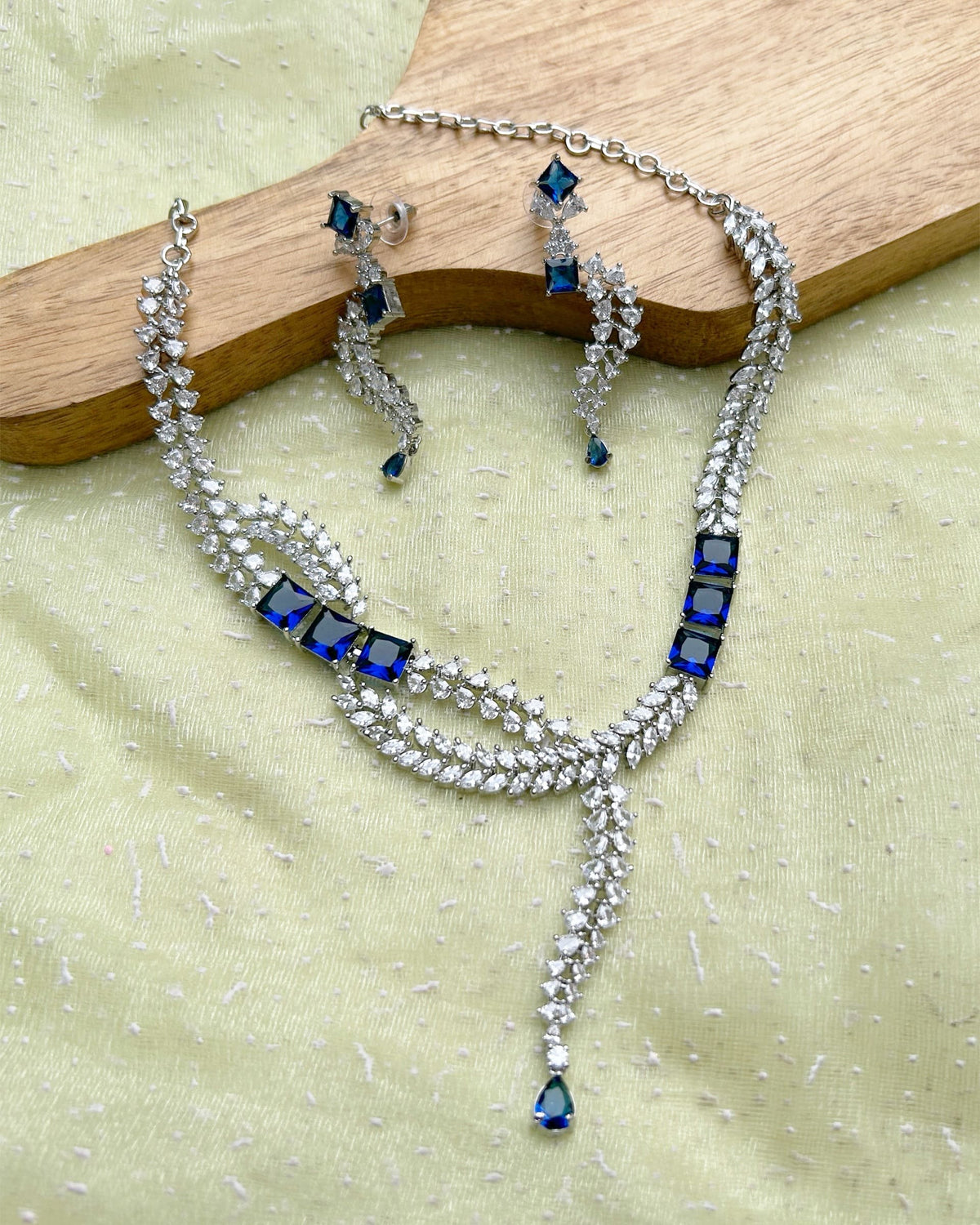 Rhodium-Plated American Diamond Blue Stone Necklace Set