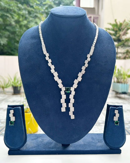 Silver-Tone American Diamond Emerald Green Necklace Set