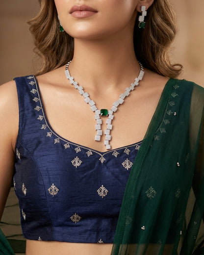 Silver-Tone American Diamond Emerald Green Necklace Set