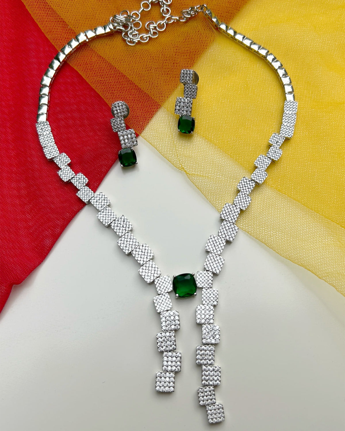 Silver-Tone American Diamond Emerald Green Necklace Set