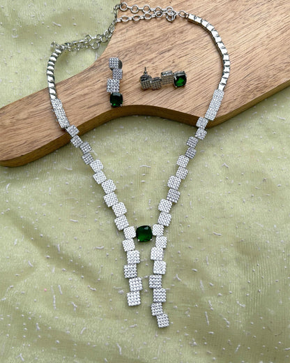 Silver-Tone American Diamond Emerald Green Necklace Set