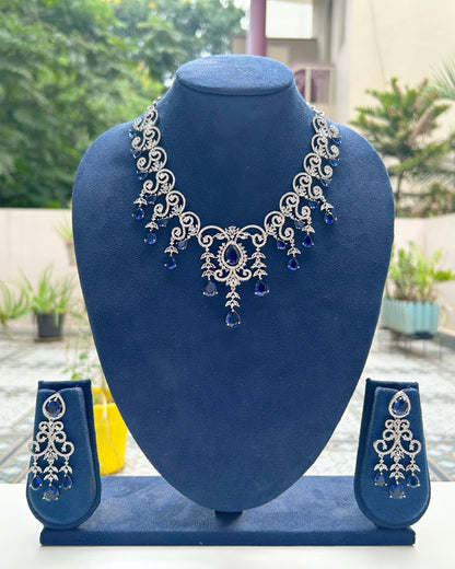 Royal Blue & Silver American Diamond Necklace Set