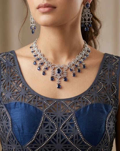 Royal Blue & Silver American Diamond Necklace Set