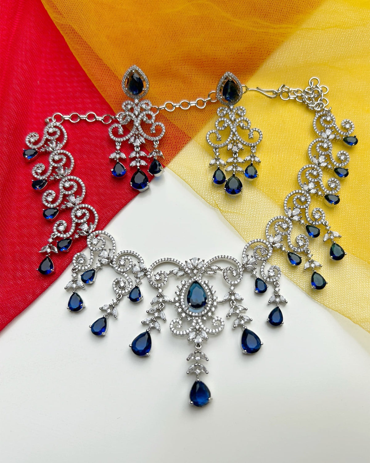 Royal Blue & Silver American Diamond Necklace Set