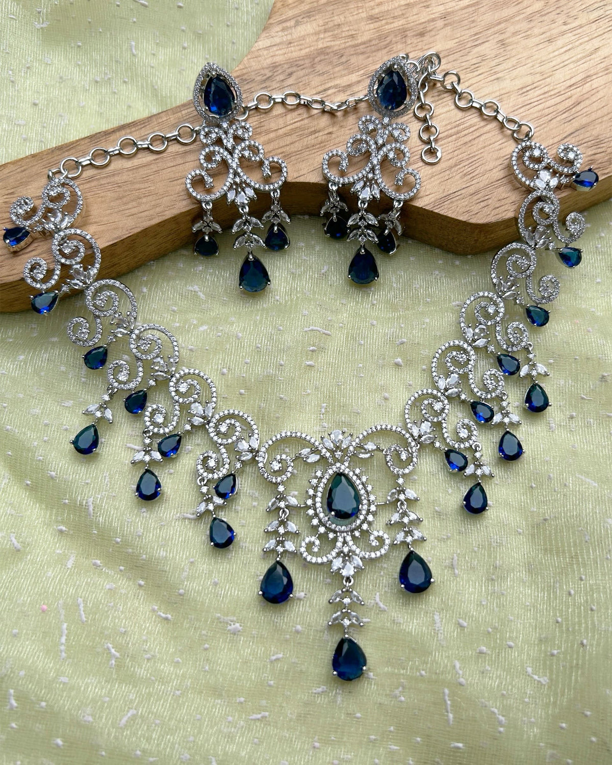 Royal Blue & Silver American Diamond Necklace Set