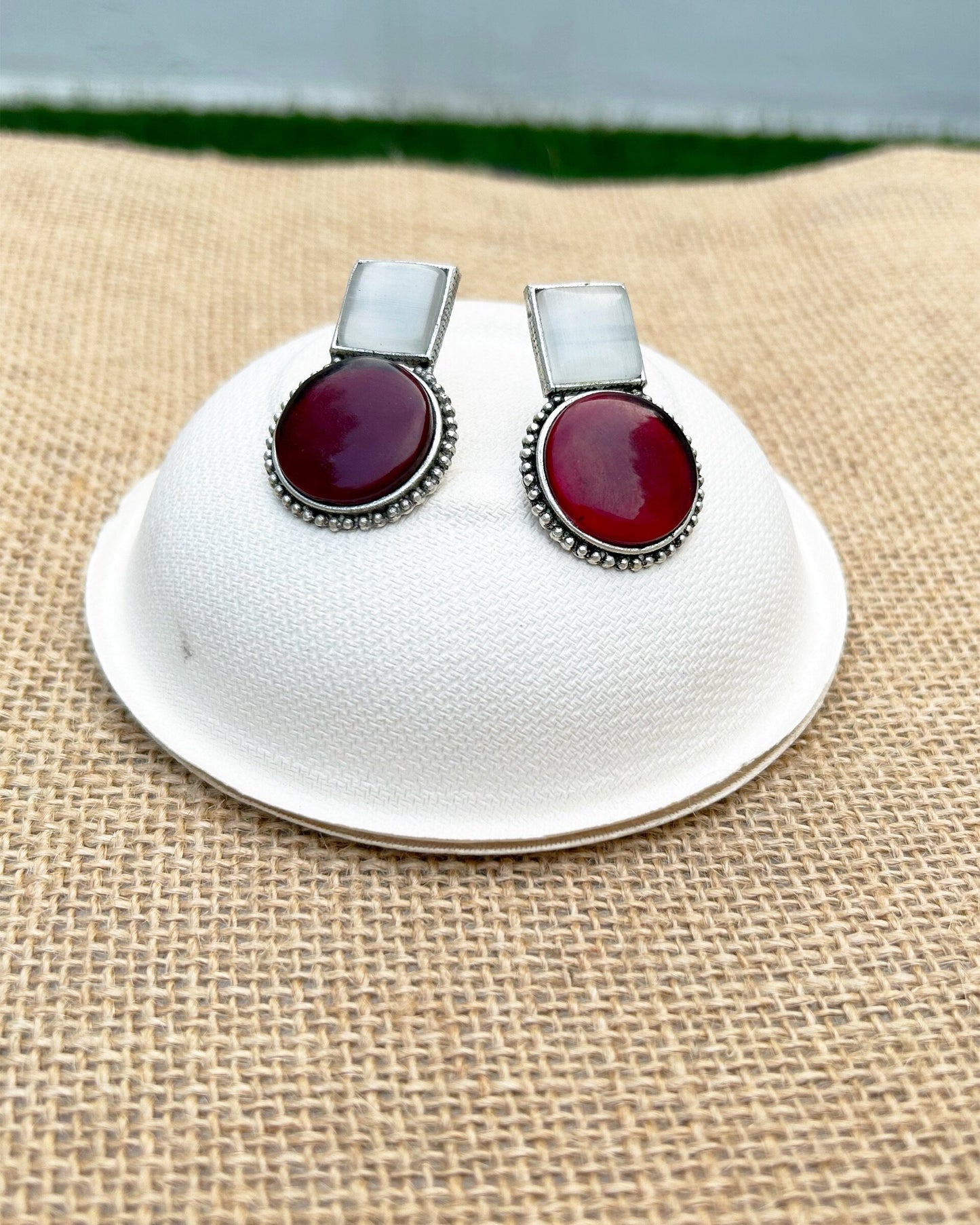 Bina Grey & Red Studs Earring