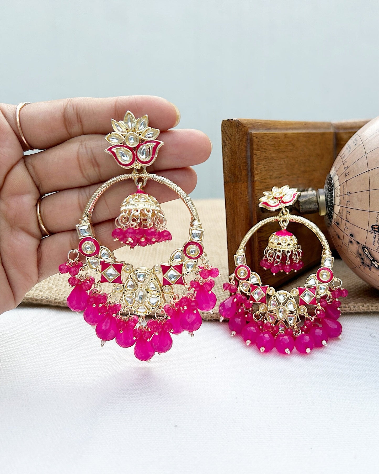 Pink Chandbali Jhumka I Velvet Box