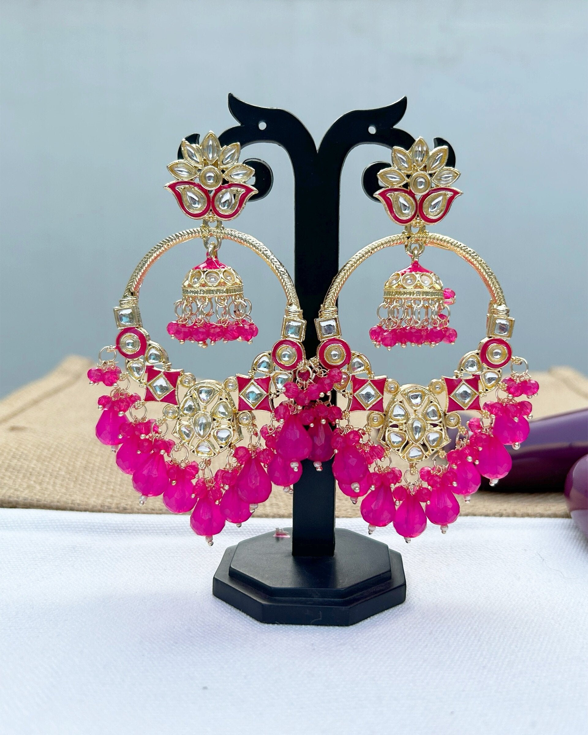 Pink Chandbali Jhumka I Velvet Box