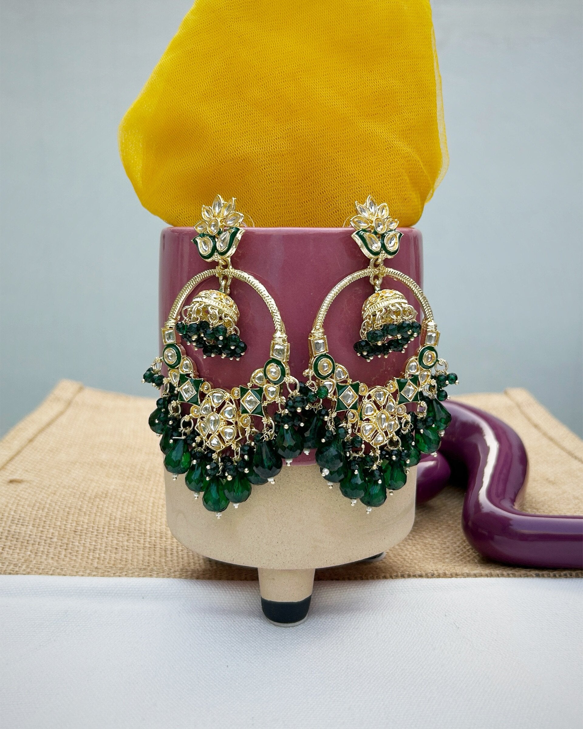 Green Chandbali Jhumka I Velvet Box