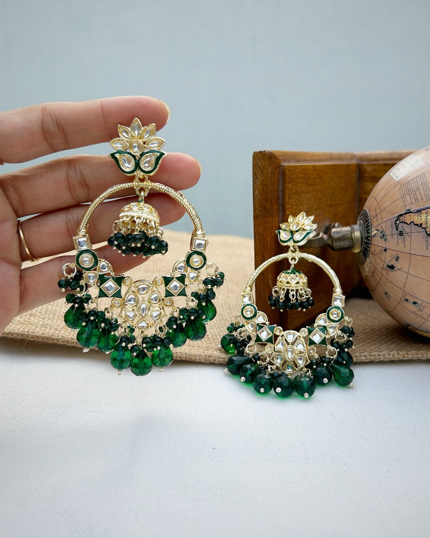 Green Chandbali Jhumka I Velvet Box