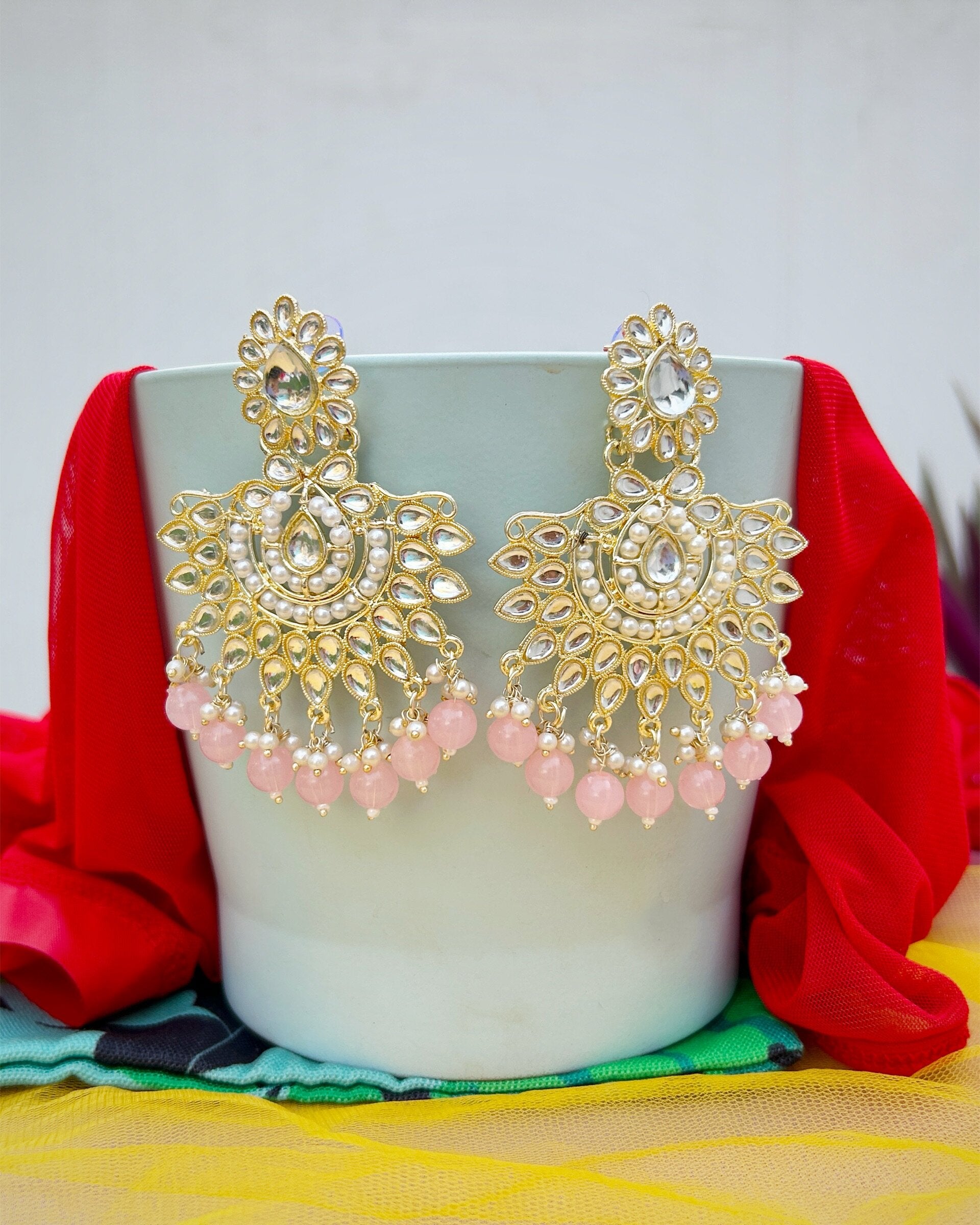 pink kundan earrings