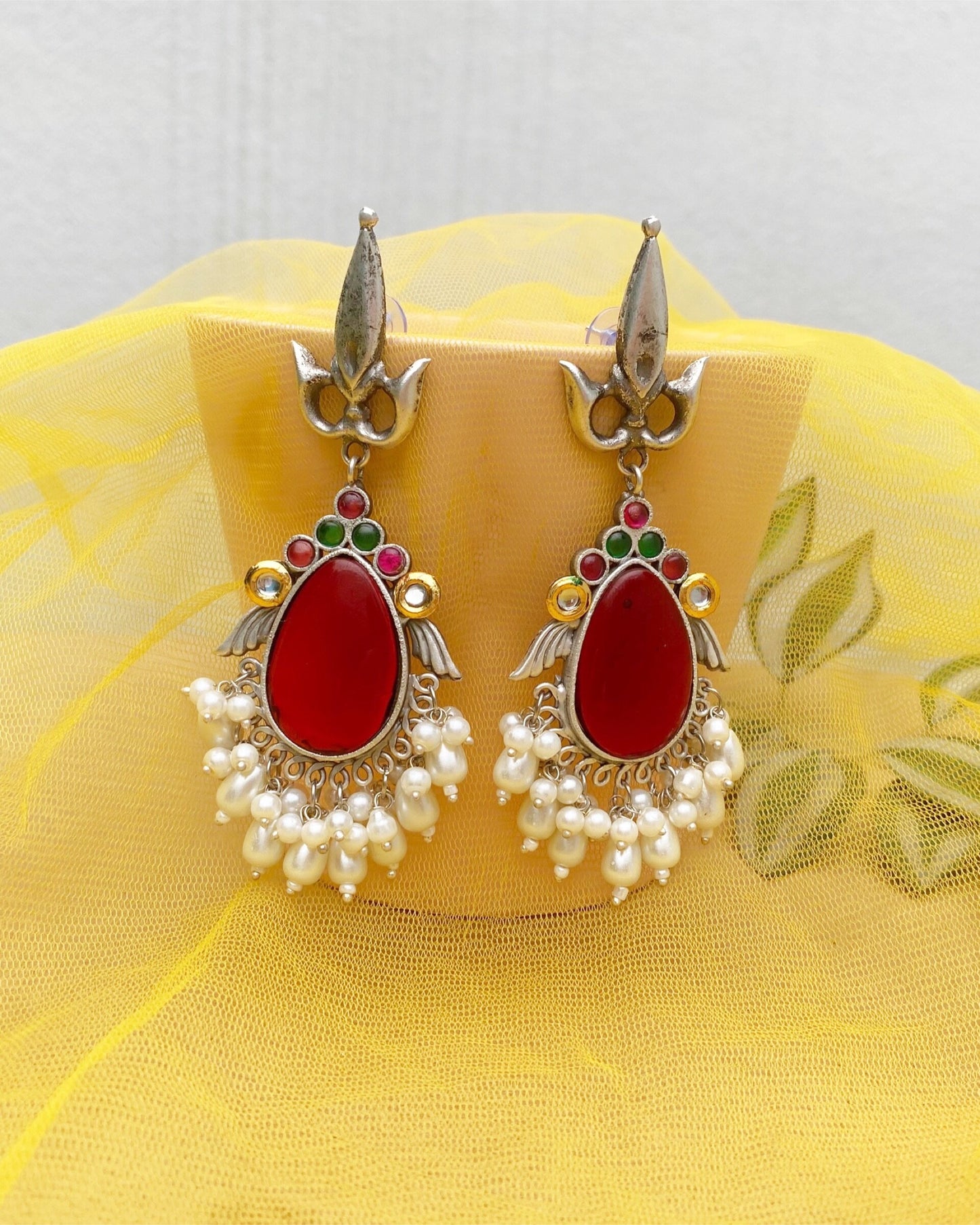 Red Trishul Shaped Brass Earring