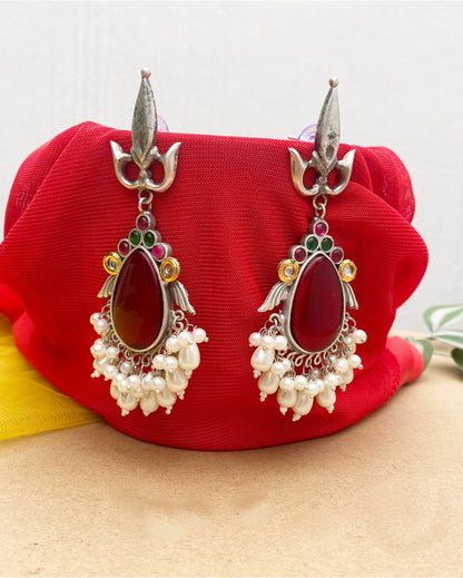 Red Trishul Shaped Brass Earring