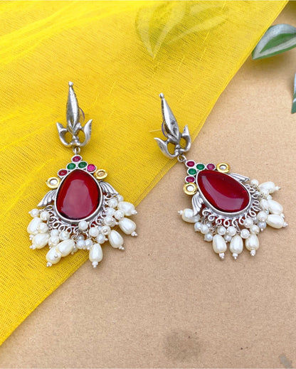 Red Trishul Shaped Brass Earring