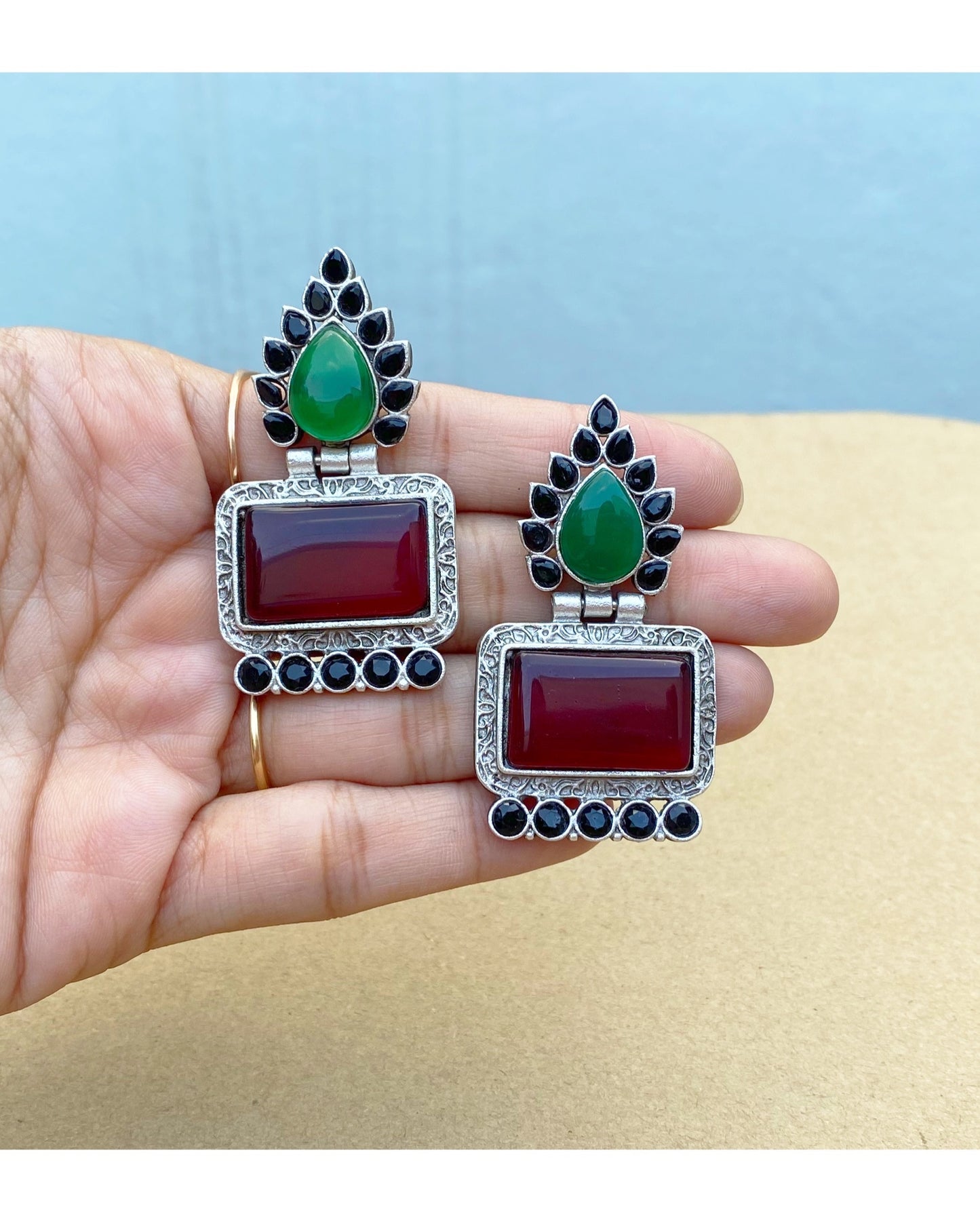 Dark Red & Green Ardent Brass Earring