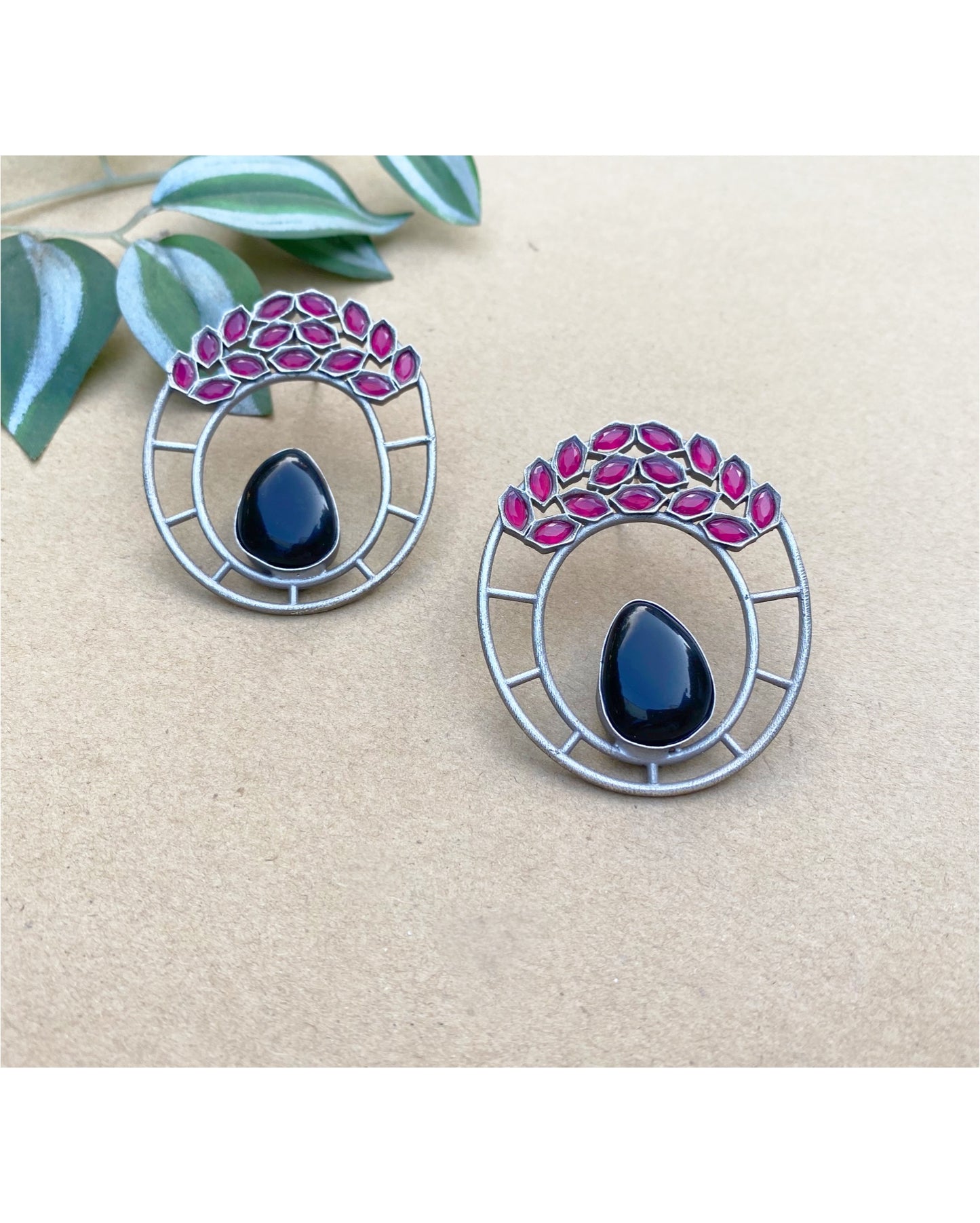 Black & Pink Oval Shaped Big Studs